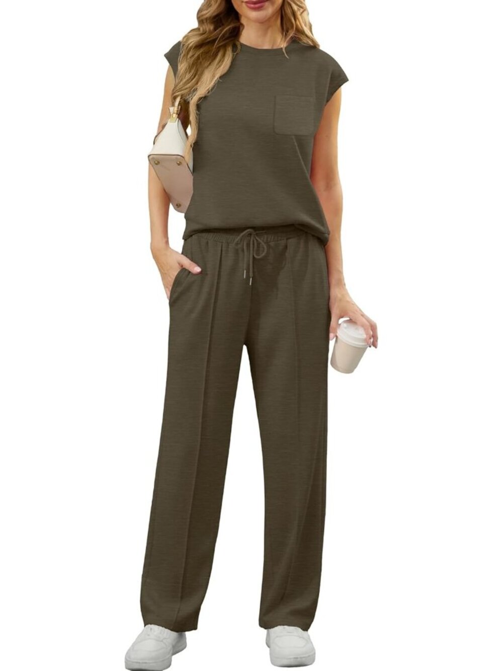 Women's Green 2 Piece Sets Summer Outfits Sleeveless Wide Leg Tracksuits Casual